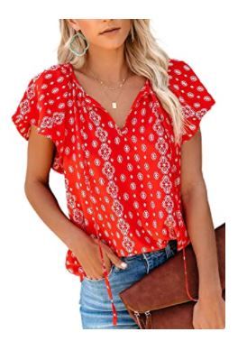 Photo 1 of Dokotoo Women's Casual Boho Floral Printed V Neck Tops Drawstring Short Long Sleeve T Shirt Blouses Size Small