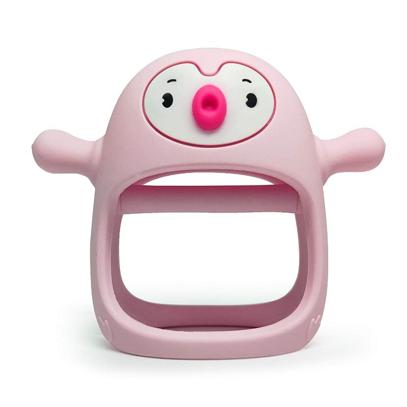 Photo 1 of Smily Mia Penguin Buddy Never Drop Silicone Baby Teething Toy for 0-6month Infants, Baby Chew Toys for Sucking Needs, Hand Pacifier for Breast Feeding Babies, Car Seat Toy for New Born, Light Pink