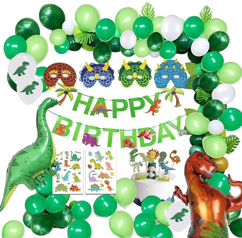 Photo 1 of Dinosaur Birthday Party Decorations for kids, Dinosaur Party Supplies with Balloon Garland Arch Kit, Happy Birthday Balloon Banner, Cake Top Hat Dinosaur Mask, Dinosaur Foil Balloons Theme Party Supplies (Green)