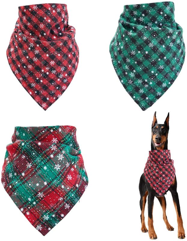 Photo 1 of 3 Pieces Dog Bandana Christmas Pet Scarf Xmas Buffalo Plaid Snowflake Triangle Bibs Kerchief Set Pet Costume Accessories Decoration for Small Medium Large Pets Dogs Cats