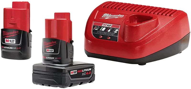 Photo 1 of 2pk MILWAUKEE'S 2426-20 M12 12 Volt Redlithium Ion 20,000 OPM Variable Speed Cordless Multi Tool with Multi-Use Blade, Sanding Pad, and Multi-Grit Sanding Papers & Milwaukee M12 12-Volt Lithium-Ion 4.0 Ah and 2.0 Ah Battery Packs and Charger Starter Kit 4