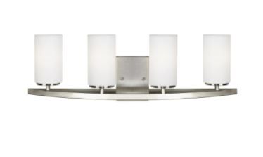 Photo 1 of Visalia 28.25 in. W 4-Light Brushed Nickel Bathroom Vanity Light with White Etched Glass Shades