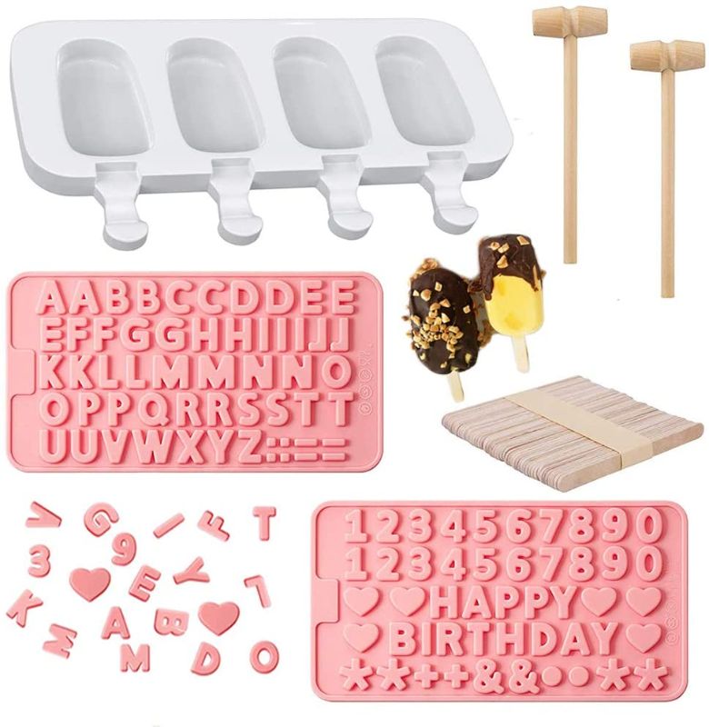 Photo 1 of 2 Pack Silicone Letter Mold and Number Chocolate Molds with Happy Birthday Cake Decorations Symbols,1 Pack Silicone Popsicle Molds, Ice Cream Mold with 100 Wooden Sticks & 2 Wooden Hammers