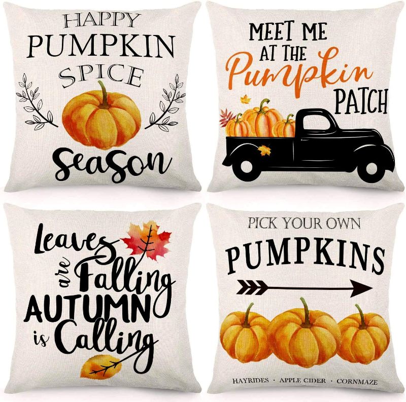 Photo 1 of CDWERD Fall Thanksgiving Pillow Covers 18x18 Inches Pumpkin Truck Leaves Autumn Theme Farmhouse Outdoor Throw Pillowcase Cotton Linen Cushion Case for Fall Decor Set of 4
