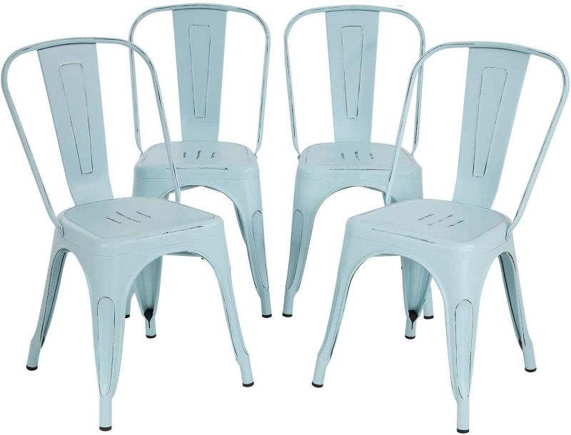 Photo 1 of Metal Chair Dining Chairs Set of 4 Patio Chair 18 Inches Seat Height Dining Room Kitchen Chair Tolix Restaurant Chairs Trattoria Bar Stackable Chairs Metal Indoor Outdoor Chairs,Blue