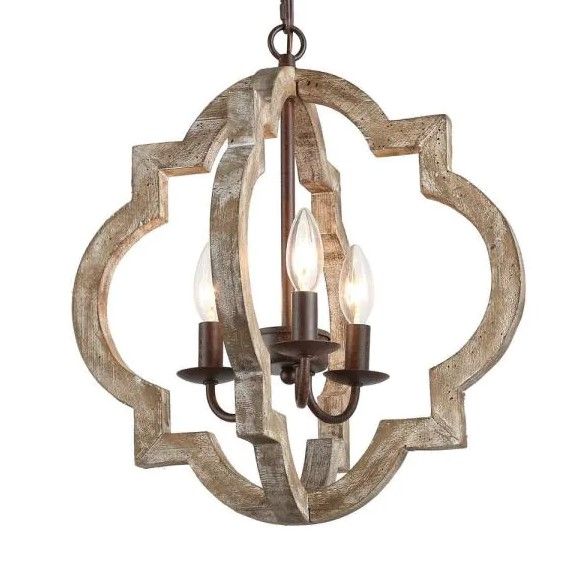 Photo 1 of Farmhouse Rustic Bronze Weathered Wood Chandelier 16 in. 3-Light Dining Room Island Candlestick Chandelier Pendant Light