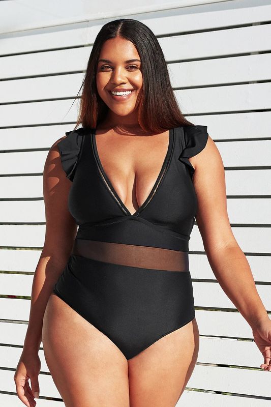 Photo 1 of Ruffle Plunge V Neck Plus Size One Piece Swimsuit 1X