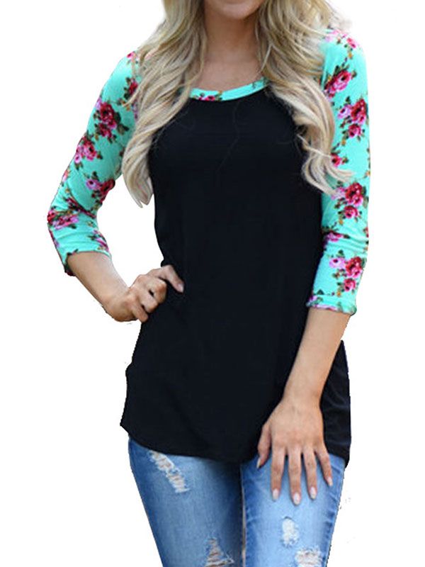 Photo 1 of Nlife Women 3/4 Sleeve Round Neck Floral Print Splicing Shirt Sm