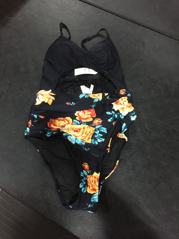 Photo 2 of Black Floral Print Halter One Piece Swimsuit Lg