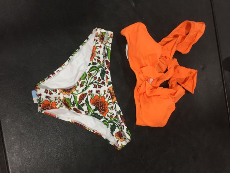 Photo 2 of Orange Ruffle Bikini With Floral Bottom Med