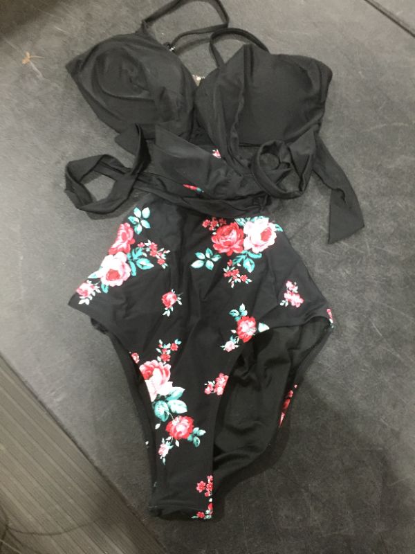 Photo 2 of Black And Floral Wrap Cutout One Piece Swimsuit XL