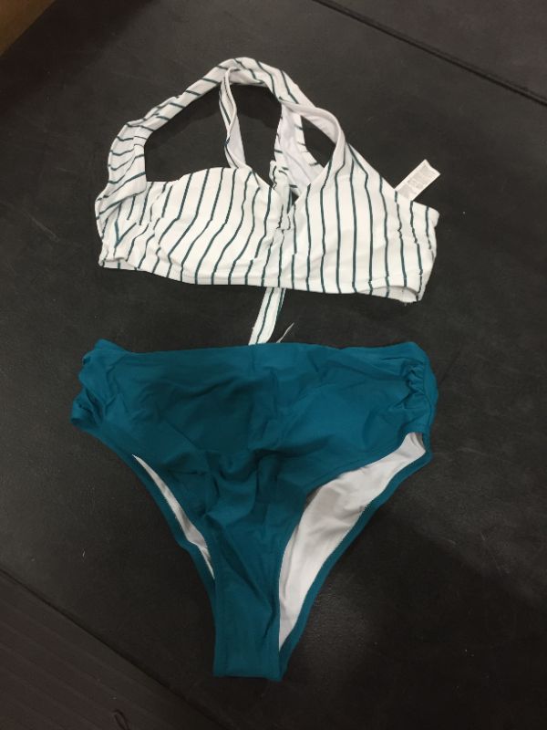 Photo 2 of CUPSHE Women's Teal Solid Shirring Striped High Waisted Bikini Sets Sm