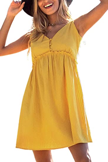 Photo 1 of Above Knee Sleeveless Button Down V Neck Yellow Women Dress