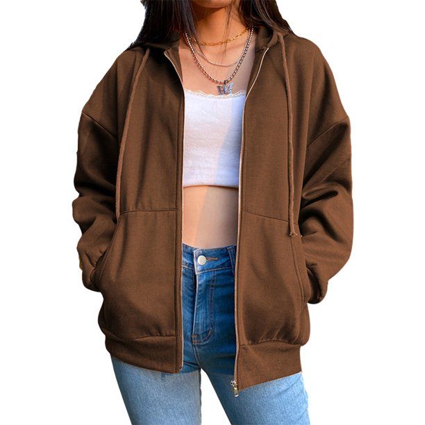 Photo 1 of Women's Y2K Zip Up Oversized Hoodie Long Sleeve Drawstring Hooded Sweatshirt Solid Pullover Jacket Lg