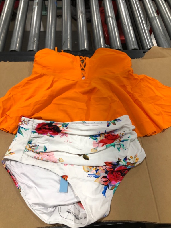 Photo 2 of Orange Ruffle Tankini With Printed Bottom SIZE XL 
