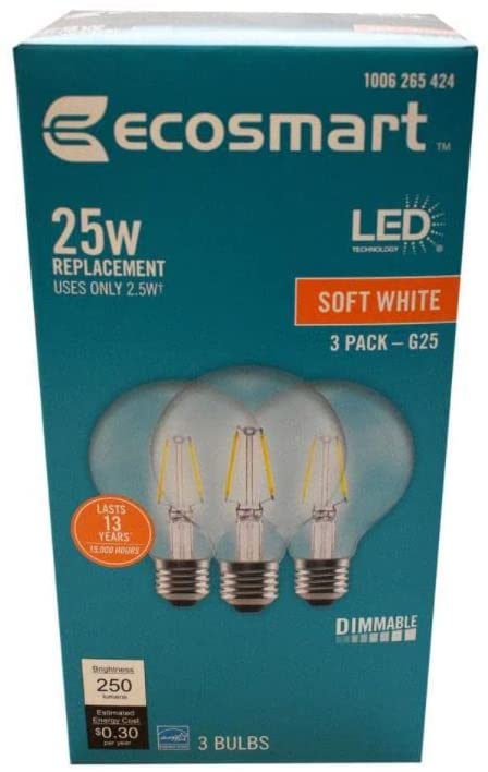 Photo 1 of EcoSmart 25-Watt Equivalent G25 Dimmable Globe Clear Glass Edison Filament LED-Light Bulb Soft White (3-Pack)
