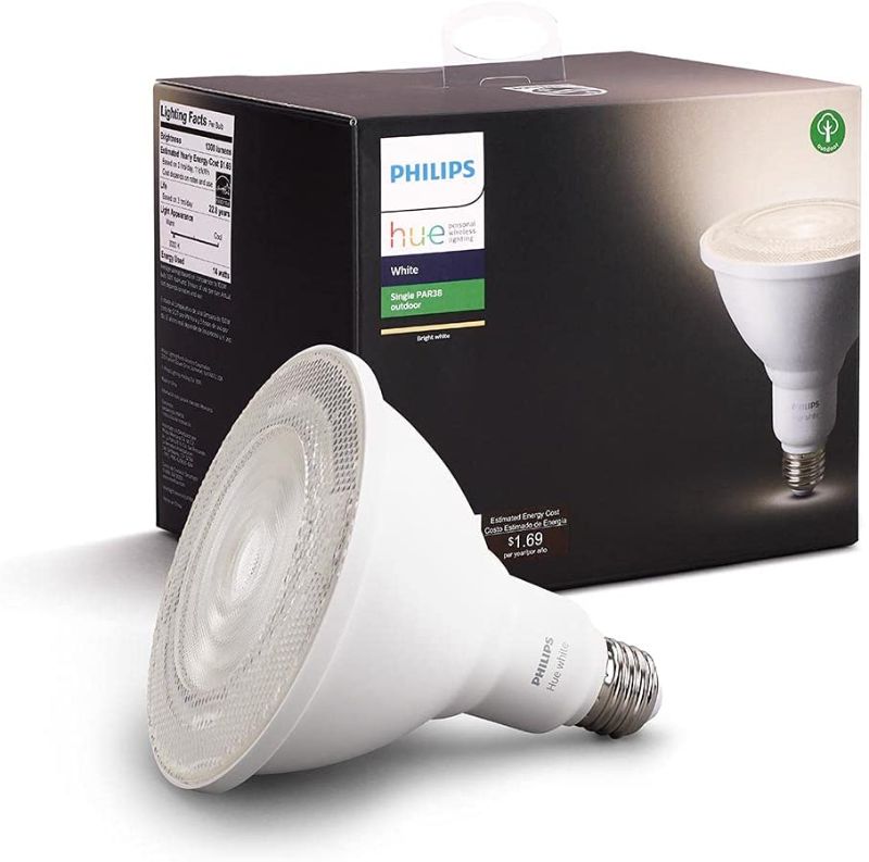 Photo 1 of Philips Hue White Outdoor PAR38 13W Smart Bulbs (Philips Hue Hub required), 1 White PAR38 LED Smart Bulb, Works with Alexa, Apple HomeKit and Google Assistant
