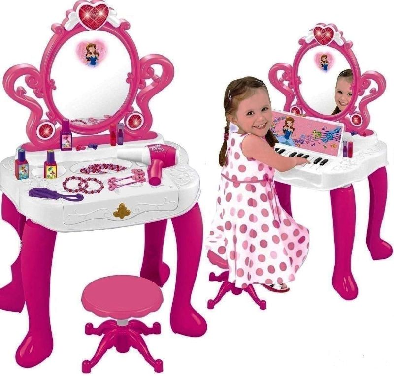 Photo 1 of WolVolk 2-in-1 Vanity Set Girls Toy Makeup Accessories with Working Piano & Flashing Lights, Big Mirror, Cosmetics, Working Hair Dryer - Glowing Princess Will Appear When Pressing The Mirror-Button. PRIOR USE. OPEN BOX.

