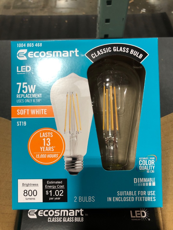 Photo 1 of ECO SMART CLASSIC GLASS BULB 75W LED, SOFT WHITE. CASE OF 4 2-PACKS. 8 BULBS TOTAL.