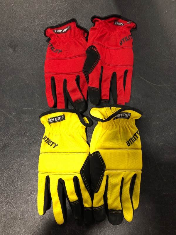 Photo 2 of FIRM GRIP UTILITY WORK GLOVES, 2 PAIR. RED/YELLOW. USED CONDITION.