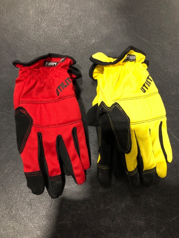 Photo 1 of FIRM GRIP UTILITY WORK GLOVES, 2 PAIR. RED/YELLOW. USED CONDITION.