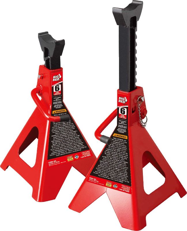 Photo 1 of BIG RED T46002A Torin Steel Jack Stands: Double Locking, 6 Ton (12,000 lb) Capacity, Red, 1 Pair. OPEN BOX.
