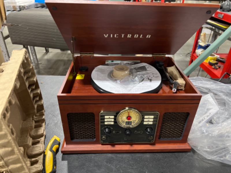 Photo 4 of Victrola Nostalgic 6-in-1 Bluetooth Record Player & Multimedia Center with Built-in Speakers - 3-Speed Turntable, CD & Cassette Player, FM Radio | Wireless Music Streaming | Mahogany
