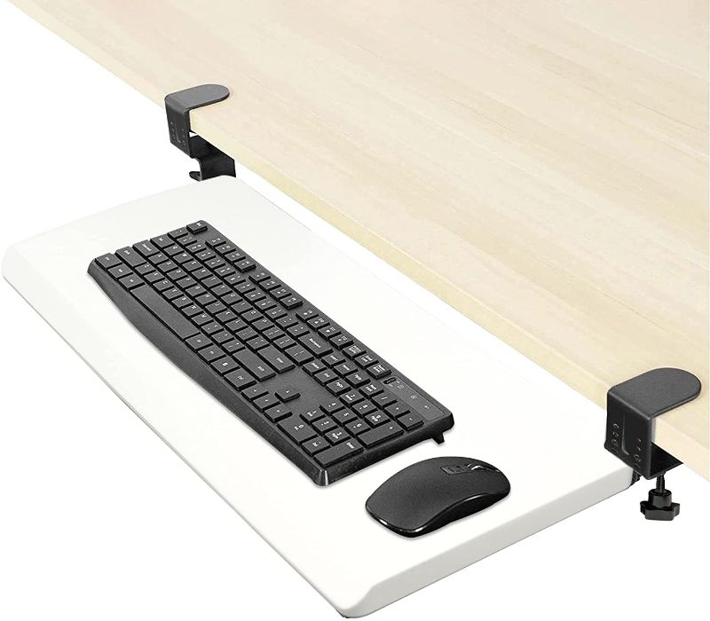 Photo 1 of Factory Fi Under Desk Keyboard Tray, Height Adjustable Ergonomic Keyboard & Mouse Tray, Desk Mount Slider, Durable and Portable, Slide-Out Platform Computer Drawer for Typing & Mouse Work - White
