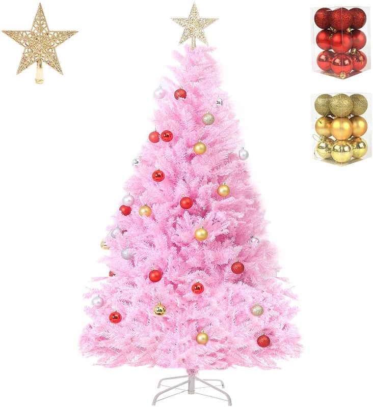 Photo 1 of Artificial Christmas Tree Lifelike Christmas Tree with Decorations and Solid Metal Stand arbol de Navidad Premium Hinged Spruce Full Tree (Pink, 4ft)
