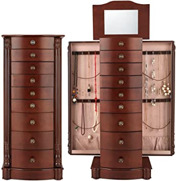 Photo 1 of AVAWING Large Standing Jewelry Cabinet Armoire with Top Flip Makeup Mirror, 8 Drawers & 16 Necklace Hooks, Jewelry Box Storage Organizer with 2 Side Swing Doors, Retro Standing Wood Jewelry Cabinet
