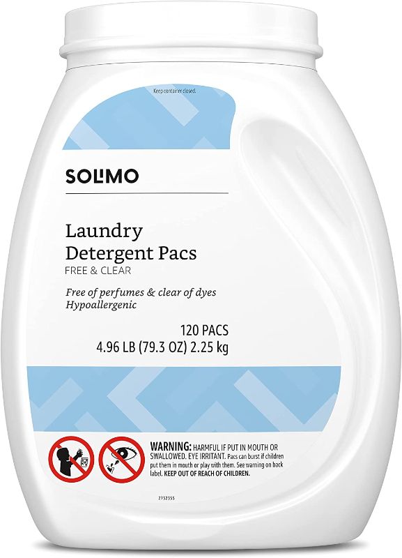 Photo 1 of Amazon Brand - Solimo Laundry Detergent Pacs, Free & Clear, Hypoallergenic, Free of Perfumes Clear of Dyes, 120 Count
