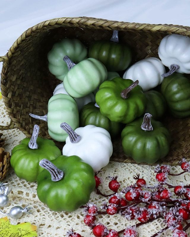 Photo 1 of 2 Inch Mini Assorted Plastic Pumpkins for Decorating - 16PCS Small Artificial Green and White Pumpkins Bulk for Fall Decor, Foam Fake Pumpkin Perfect for Halloween Thanksgiving Decoration Fall Decor
