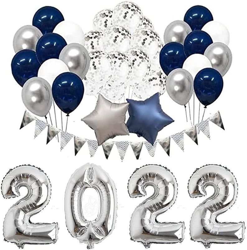 Photo 1 of 2022 New Year Party Supplies 2022 New Year Eve Party Decorations Kit 32 Inches Large 2022 Balloons Navy Blue and Silver Balloons Sets for 2022 New Year Party Decoration