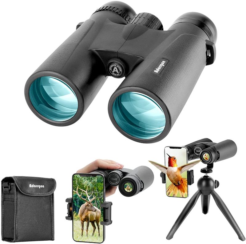 Photo 1 of 12x42 HD Binoculars for Adults with Upgraded Phone Adapter, Tripod and Tripod Adapter - Large View Binoculars with Clear Low Light Vision - Waterproof Binoculars for Bird Watching Hunting Travel
