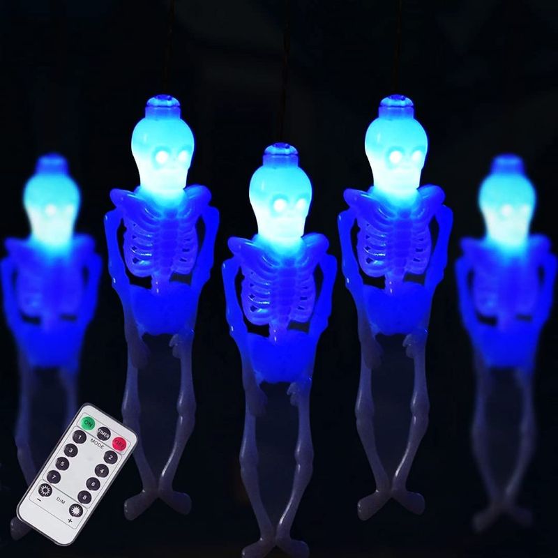 Photo 1 of 2 Pack Halloween Decoration Skeleton Skull String Lights Battery Operated, Spooky Decoration Waterproof 15LED String Lights with 8-Lighting Modes for Indoor/Outdoor, Home, Party, Yard Decor (Blue)
