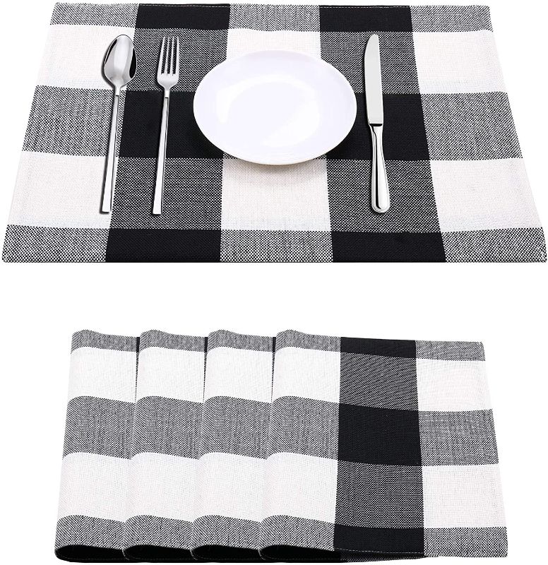 Photo 1 of GirlyGirl Boutique Set of 4 Pcs Buffalo Checked Placemats Linen Plaid Reversible Tables Mats Durable Christmas Family Dinner Wedding Party Home Decor (Black and White, 12 X 18 inch)
