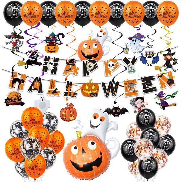 Photo 1 of CINEEN Halloween Balloon Decorations Kit 62 Pcs Happy Halloween Balloons Banner Latex Balloons Glitter Ballon Pumpkin Spider Black Cat Bat Ghost Mylar Balloons Swirls Paper decor
