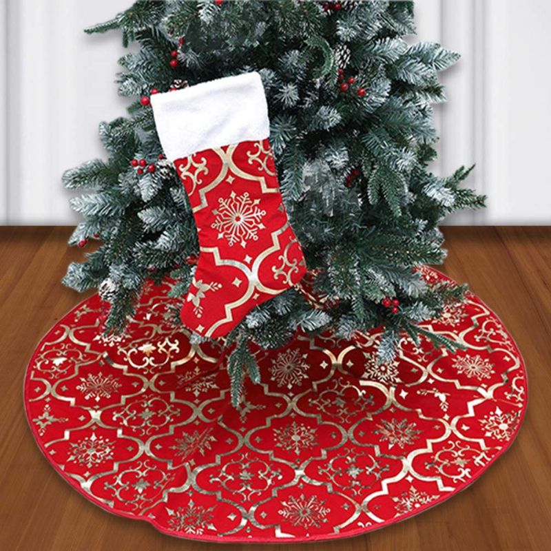 Photo 1 of Eternal Beauty 48 inches Xmas Tree Skirts Snowflakes Red Tree Skirt for Christmas Slim Trees Decorations
