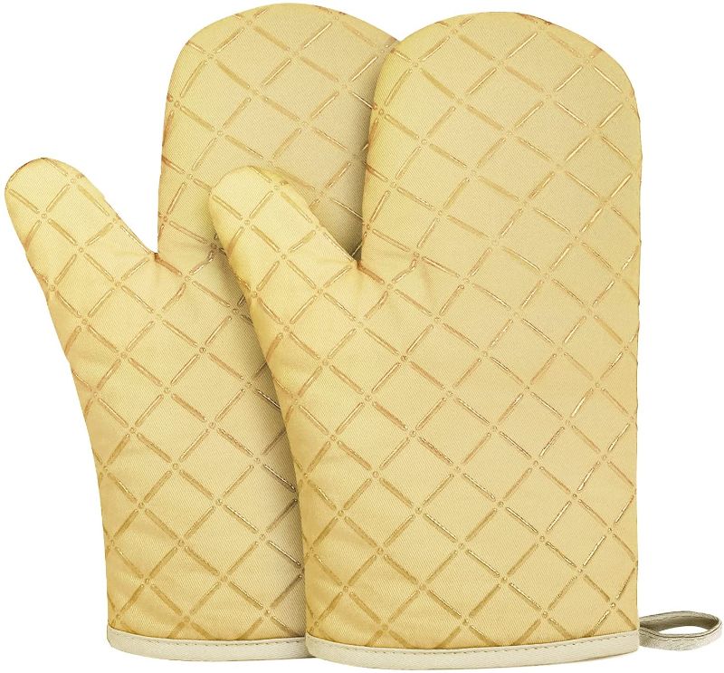 Photo 1 of 1 Pair Oven Mitts with Silicone Liner Non-Slip Textured Grip, Heat Resistant Kitchen Mitts for BBQ, Cooking, Baking (Yellow)
