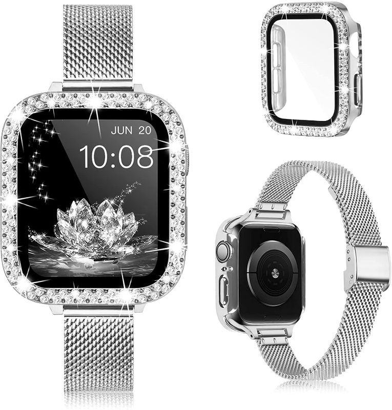 Photo 1 of KOREDA Metal Band & Case Compatible with Apple Watch Series 6/SE/5/4 44mm for Women Girls, Slim & Thin Stainless Steel Mesh Loop Replacement Wristband Strap & Bling Protective Case for iWatch
