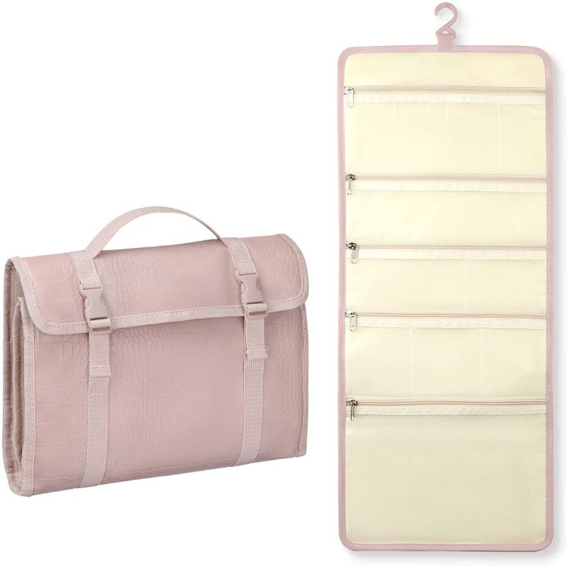 Photo 1 of Rempry Hanging Travel Toiletry Bag, Portable Makeup Cosmetic Bags Multi-Compartment for Travel Accessories Organizer, Bathroom Shower, Crocodile Pink
