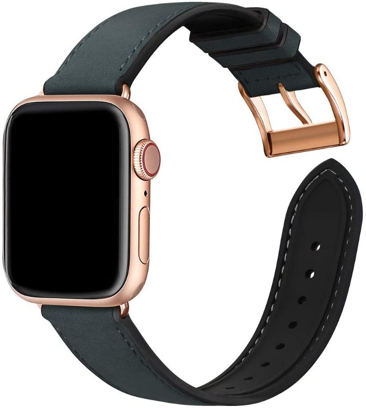 Photo 1 of 2 PACK!!! Bestig Compatible with Apple Watch Band 45mm 44mm 42mm, Sweatproof Genuine Leather and Rubber Hybrid Strap Compatible with iWatch Series 7 6 5 4 3 2 1 SE,Black Band+RoseGold Connector