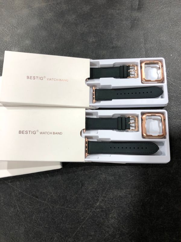 Photo 2 of 2 PACK!!! Bestig Compatible with Apple Watch Band 45mm 44mm 42mm, Sweatproof Genuine Leather and Rubber Hybrid Strap Compatible with iWatch Series 7 6 5 4 3 2 1 SE,Black Band+RoseGold Connector