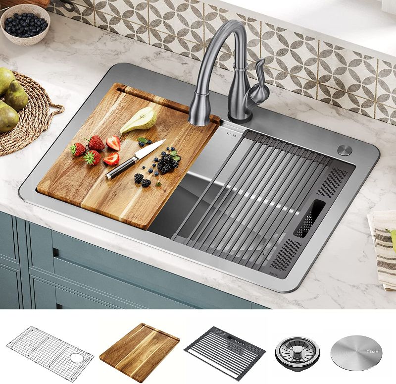 Photo 1 of DELTA 95A932-30S-SS Lorelai Workstation Kitchen Sink Drop-in Top Mount Stainless Steel Single Bowl with WorkFlow Ledge and Chef’s Kit of 5 Accessories
