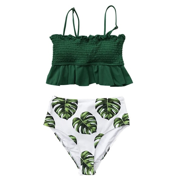 Photo 1 of Cupshe Green Leaf Print High-Waisted Bikini Set Small
