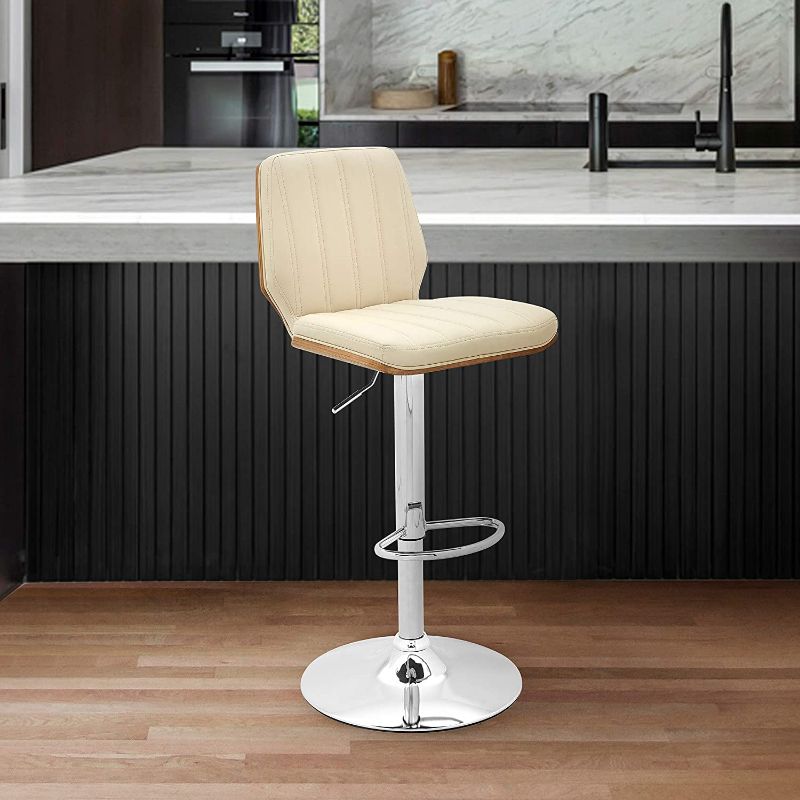 Photo 2 of Armen Living Sabine Adjustable Swivel Cream Faux Leather with Walnut Back and Chrome Bar Stool
