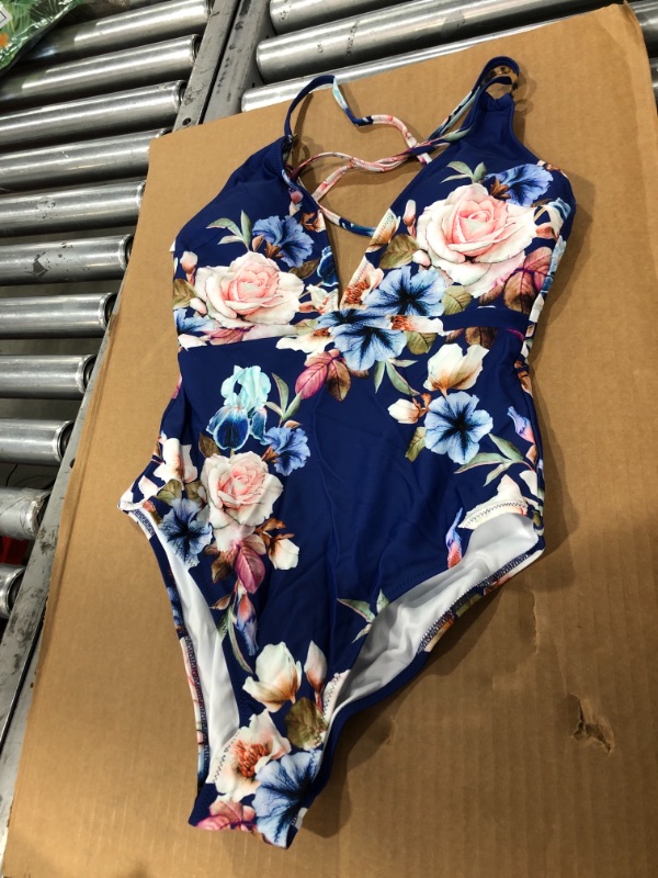 Photo 2 of Blue Floral Strappy One Piece Swimsuit L