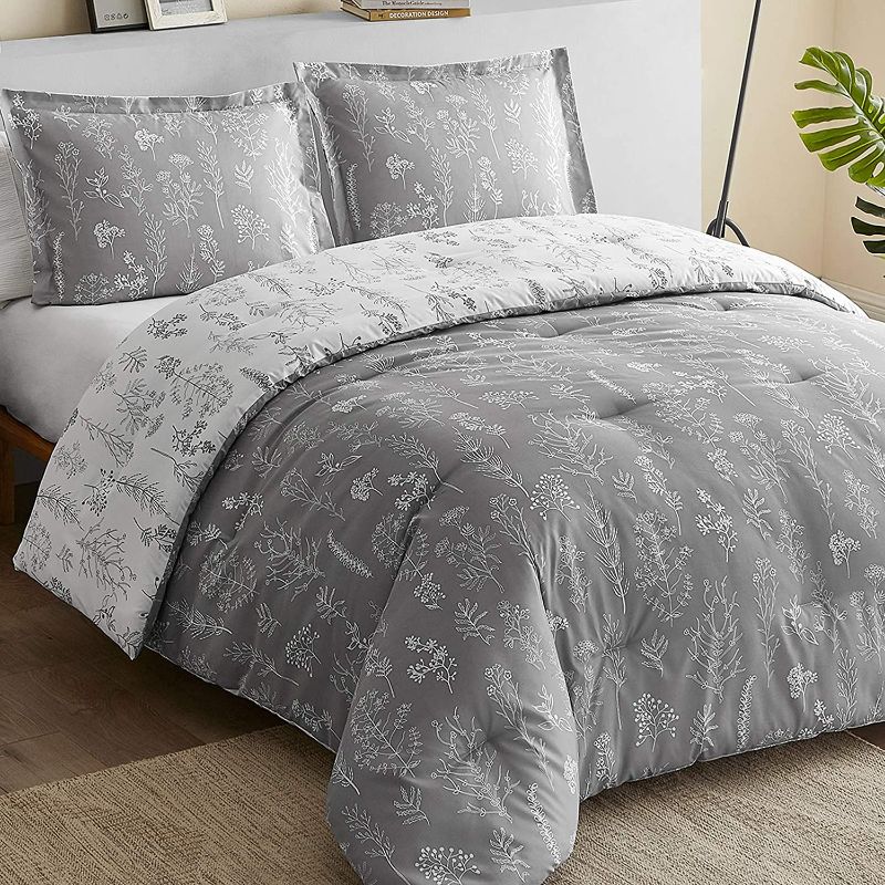 Photo 1 of Bedsure 102x90 Bed Comforter Set - Reversible Floral Grey White Bedding Comforter Set, 3 Pieces Flowers Plants All Season Bed Set with 2 Pillow Shams