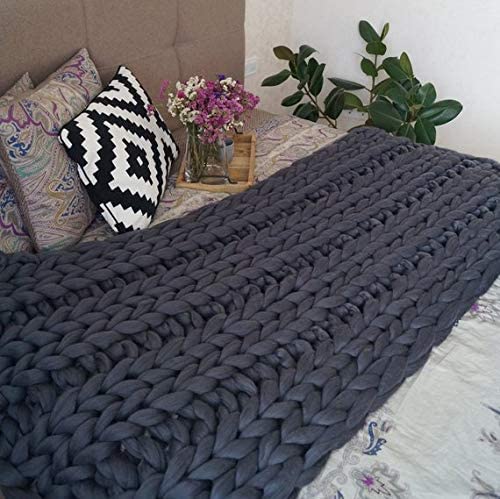 Photo 1 of  Chunky Knit Blanket Merino Wool Hand Made Throw Boho Bedroom Home Decor Giant Yarn (Dark Gray 40"x60")
