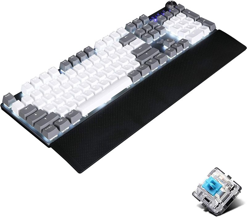 Photo 1 of Mechanical Gaming Keyboard,USB Wired,Magnetic Wrist Rest,Pure White Backlight Classic Keycaps,for Gaming,Office and Home,Dedicated Media Keys(Gray-White-Blue switches)
